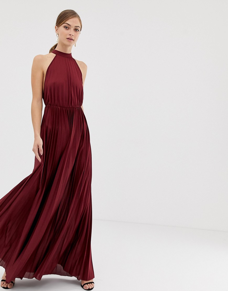 ASOS DESIGN - Geplooide lange jurk met halternek-Rood