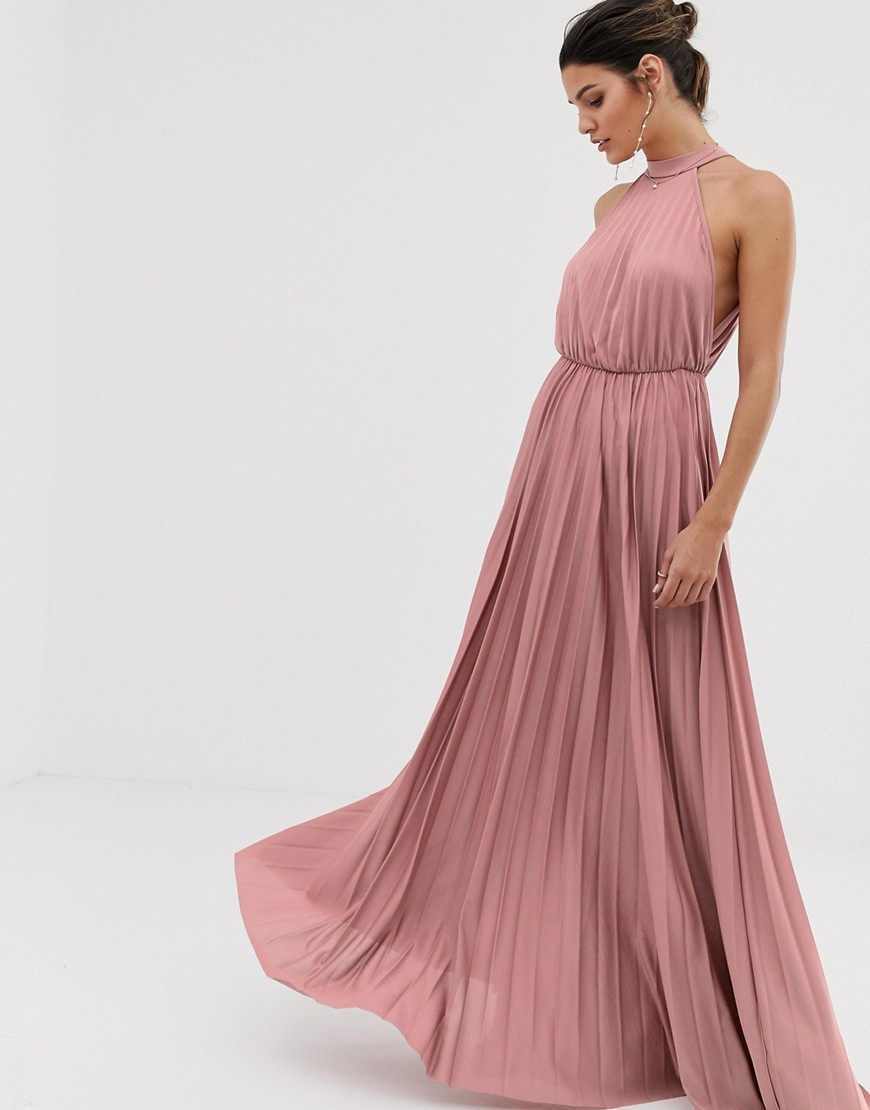 ASOS DESIGN - Geplooide lange jurk met halternek-Roze