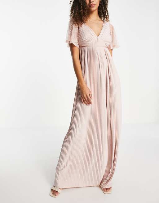 ASOS DESIGN - Geplooide lange jurk met strikceintuur en kanten mouwen in oudroze