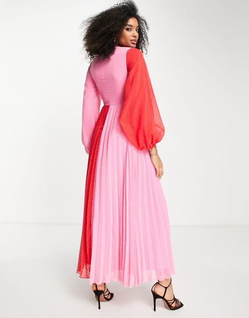 ASOS DESIGN Geplooide lange jurk van dobbystof met kleurvlakken in roze en rood