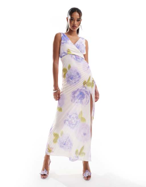 ASOS DESIGN - Geplooide maxi-jurk met gedraaide buste, v-hals en bloemenprint in lila