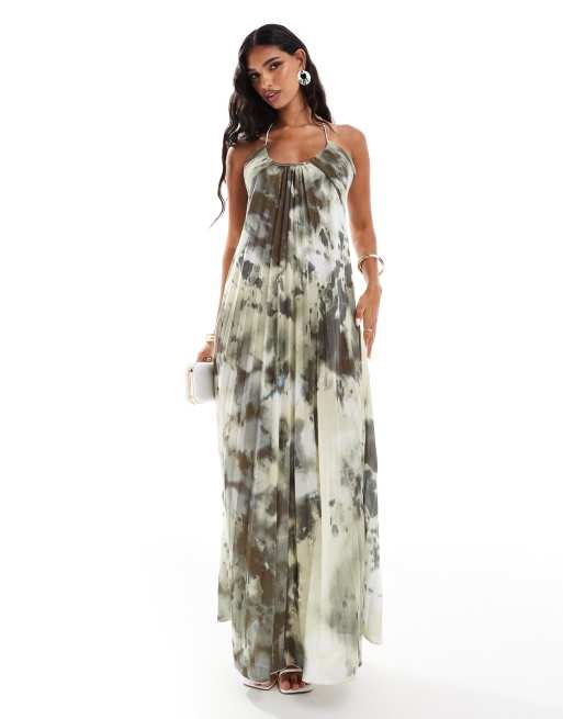 ASOS DESIGN - Geplooide maxi jurk met lage ronde hals, halternek en abstracte groene print, 2 van 4