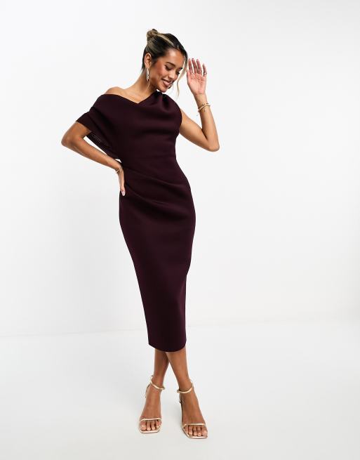 ASOS DESIGN - Geplooide midi jurk met afhangende schouders in aubergine