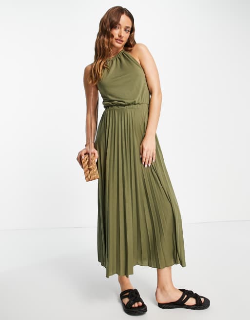 ASOS DESIGN - Geplooide midi jurk met bandjes in kaki