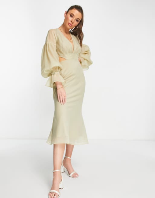 ASOS DESIGN - Geplooide midi-jurk met blousonmouwen en manchetten