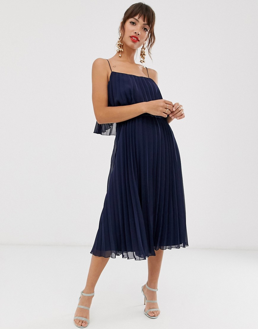 ASOS DESIGN - Geplooide midi-jurk met crop top met lage ronde hals-Marineblauw