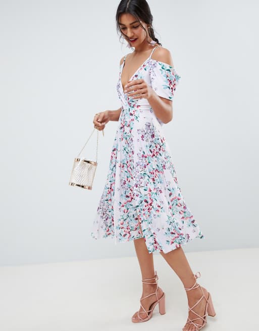 ASOS DESIGN - Geplooide midi-jurk met gedrapeerde ruime hals achter en gestreepte bloemenprint, 4 van 4