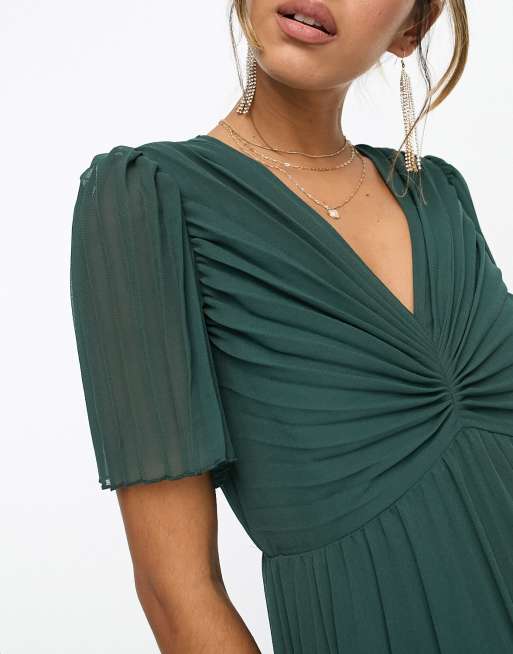 ASOS DESIGN - Geplooide midi-jurk met geplooid lijfje en fladdermouwen in dennengroen, 3 van 4
