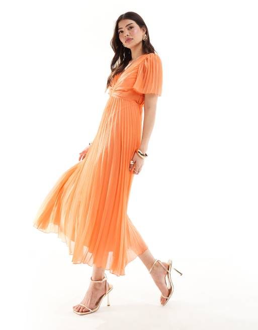 ASOS DESIGN - Geplooide midi jurk met geplooid lijfje en fladdermouwen in oranje