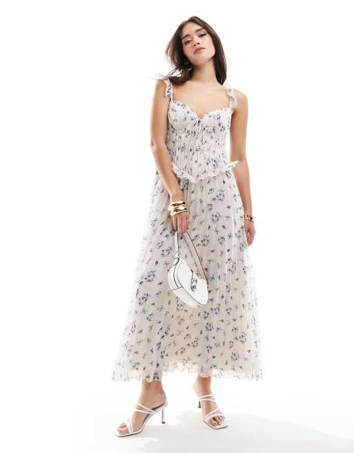 ASOS DESIGN - Geplooide midi-jurk met gesmokt lijfje en fijne bloemenprint in blauw