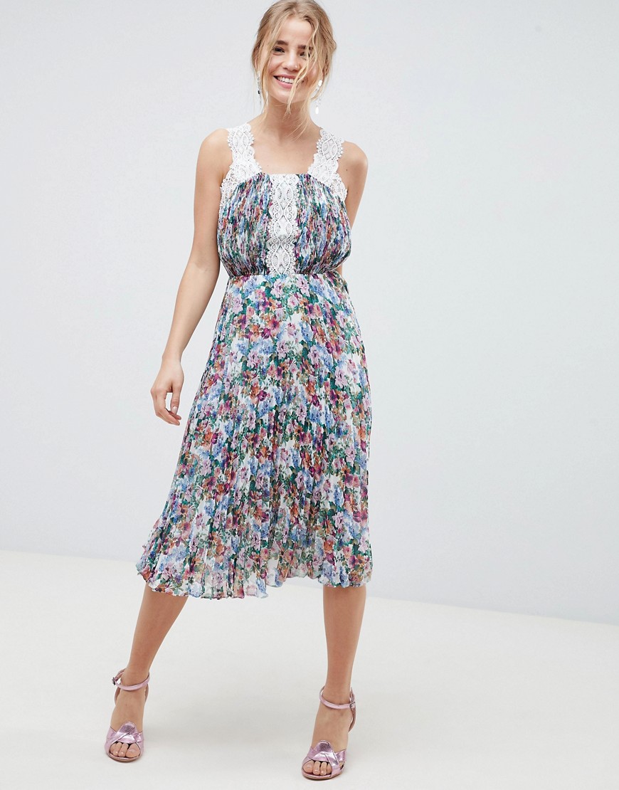 ASOS DESIGN - Geplooide midi-jurk met kanten randen in heldere bloemenprint-Multi
