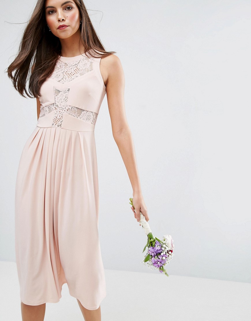 ASOS DESIGN - Geplooide midi-jurk met kanten top-Roze