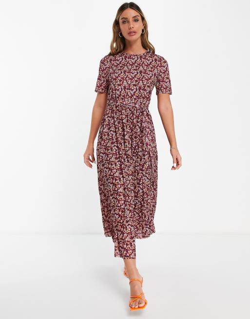 ASOS DESIGN - Geplooide midi jurk met korte mouwen en fijne bloemenprint in  paars | ASOS