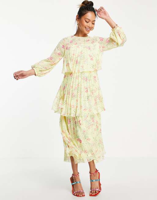 ASOS DESIGN - Geplooide midi jurk met stroken en open achterkant in geel met fijne bloemenprint