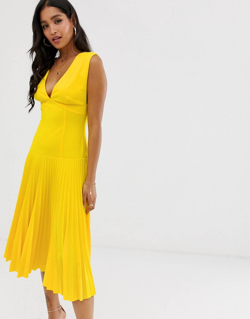 ASOS DESIGN - Geplooide midi-jurk met verlaagde taille-Geel