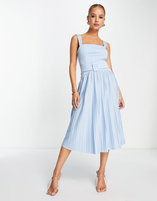 ASOS DESIGN - Geplooide midi jurk met vierkante hals en riem in poederblauw