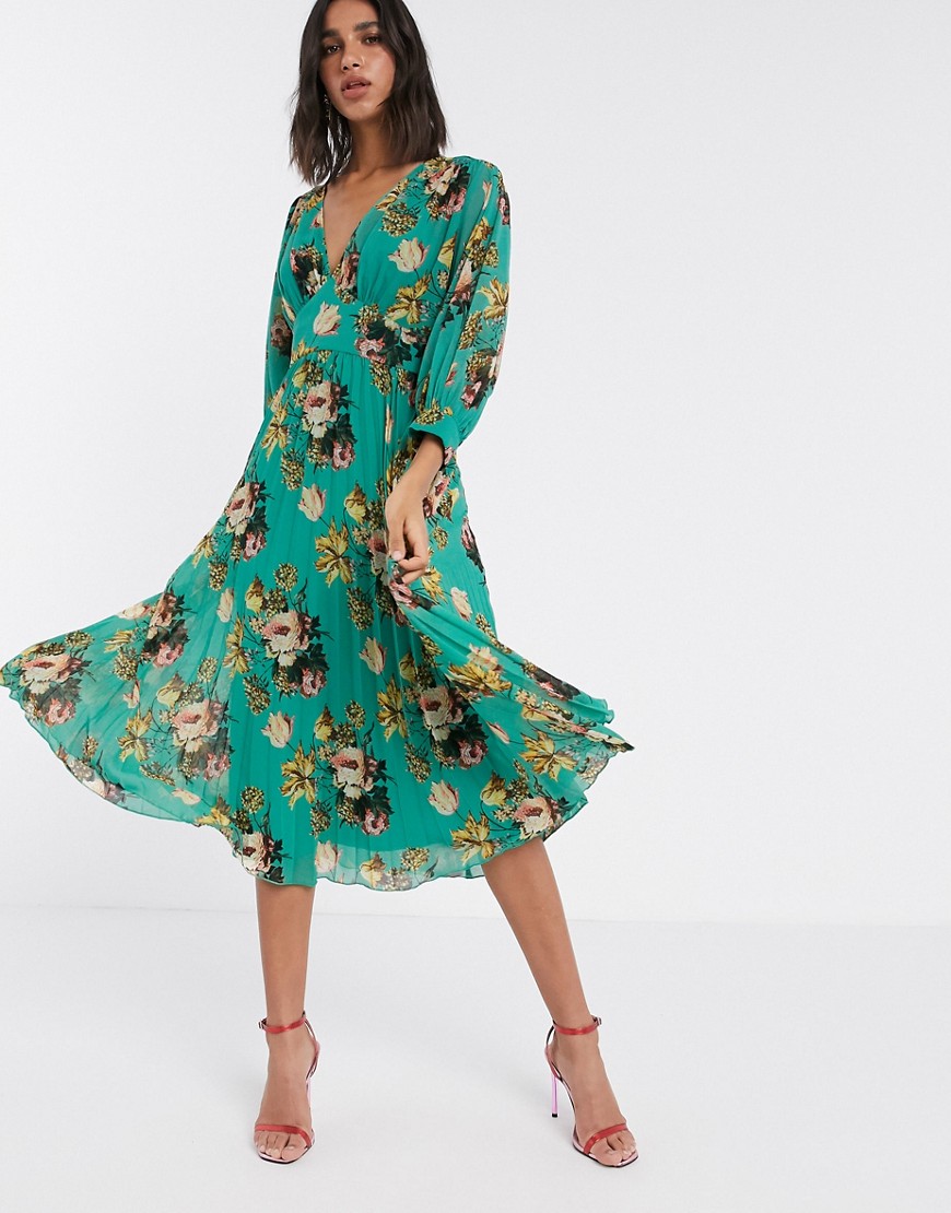 ASOS DESIGN - Geplooide midi-jurk met vleermuismouwen en bloemenprint in groen-Multi