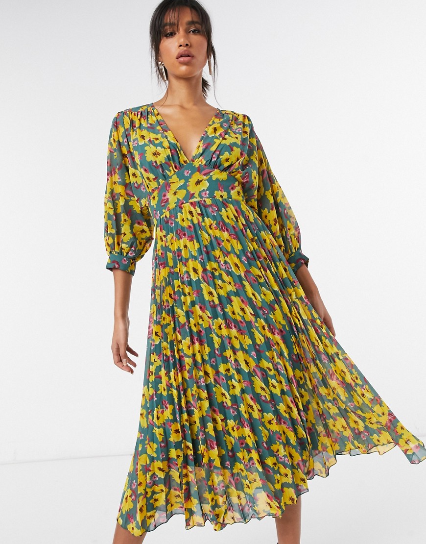 ASOS DESIGN - Geplooide midi jurk met vleermuismouwen en bloemenprint in groen-Meerkleurig