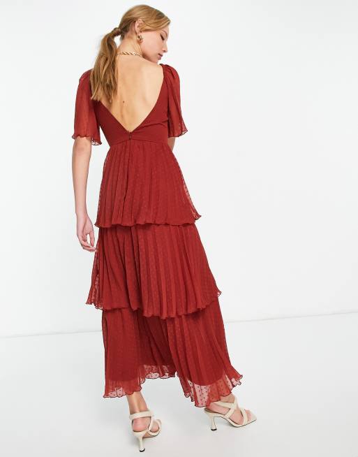 ASOS DESIGN - Geplooide midi jurk van dobbystof met strokenrok in roestbruin, 2 van 4