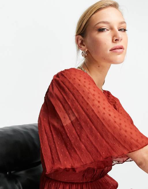 ASOS DESIGN - Geplooide midi jurk van dobbystof met strokenrok in roestbruin, 4 van 4