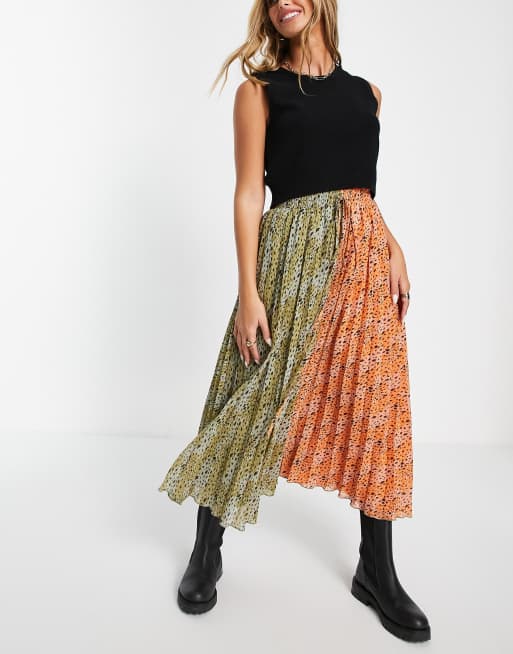 ASOS DESIGN - Geplooide midi-rok met gesmokte tailleband in gesplitste print