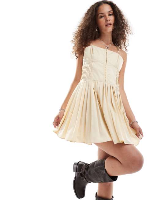 ASOS DESIGN - Geplooide mini jurk met lijfje met haak-en oogsluiting in stone