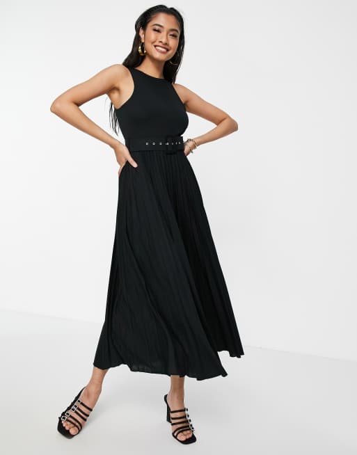 ASOS DESIGN - Geplooide, mouwloze midi-jurk met riem in zwart