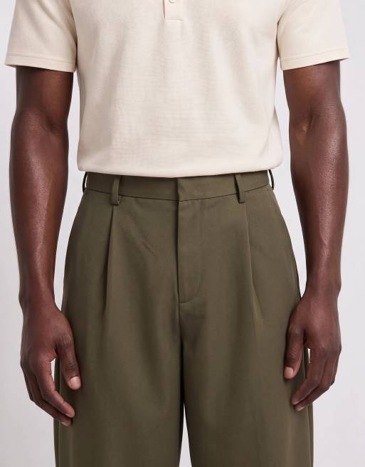 ASOS DESIGN geplooide wide barrel-leg broek in kaki, 9 van 10