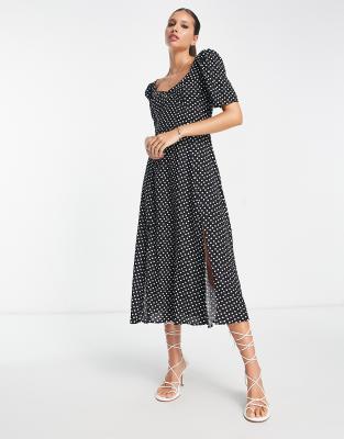 ASOS DESIGN - Gepunktetes Midikleid mit Körbchen und Schlitzen-Bunt