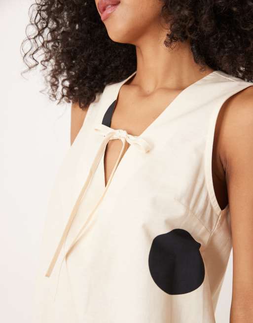 ASOS DESIGN linen blend tie front mini dress in polka dot