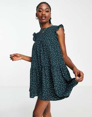 ASOS DESIGN – Gepunktetes Minikleid in Grün mit Rüschenärmeln