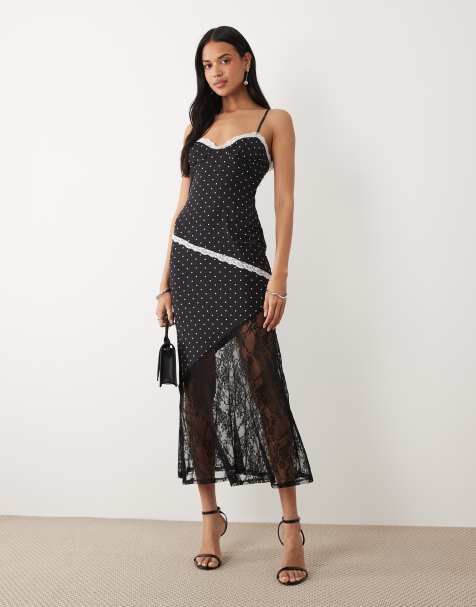ASOS DESIGN – Gepunktetes Netzstoff-Kleid in ungewöhnlicher Länge in Schwarz mit Spitzeneinsatz am Saum - view 1