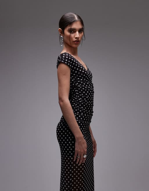 ASOS DESIGN – Gepunktetes Wickel-Maxikleid aus Netzstoff in Schwarz, 3 von 4