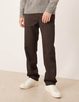 Gerade geschnittene Hose mit Bindegürtel und Fischgrätmuster in brauner Wolloptik-Brown Brown 48 Short