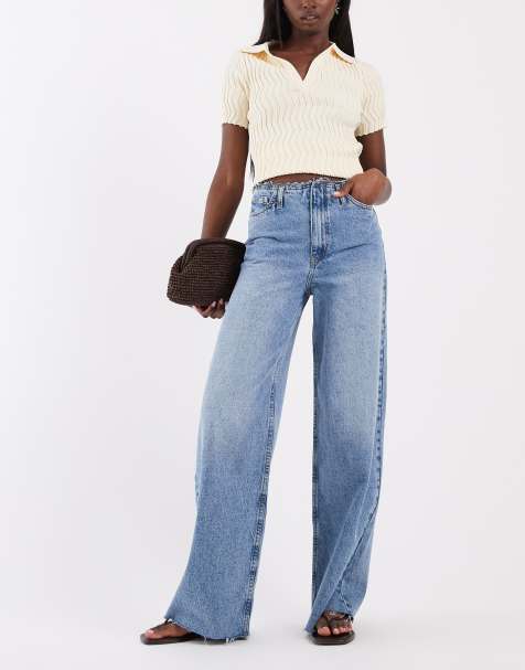 ASOS DESIGN – Gerade geschnittene Jeans in blauer Waschung mit niedrigem, ungesäumtem Bund - view 1
