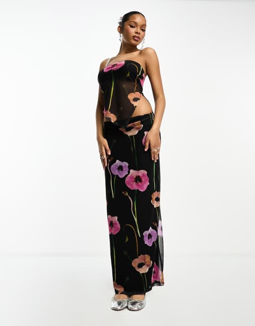 ASOS DESIGN – Gerade geschnittener Maxirock aus Netzstoff mit Mohnblumenmuster, Kombiteil