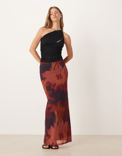 ASOS DESIGN – Gerade geschnittener Maxirock in Feige mit Blumenmuster und niedrigem Bund, Kombiteil - view 1
