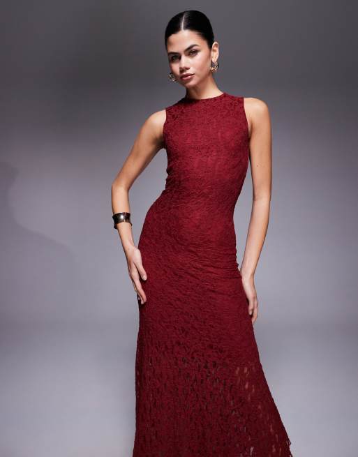 ASOS DESIGN – Gerade geschnittenes, ärmelloses Midikleid aus Spitze in Burgunderrot, 2 von 4