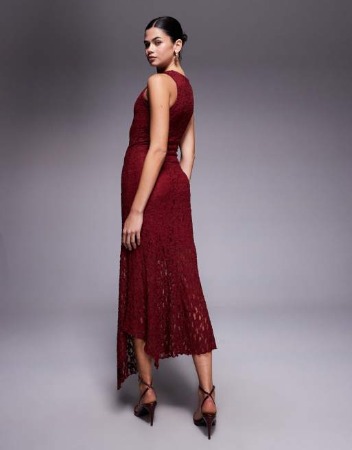 ASOS DESIGN – Gerade geschnittenes, ärmelloses Midikleid aus Spitze in Burgunderrot, 4 von 4