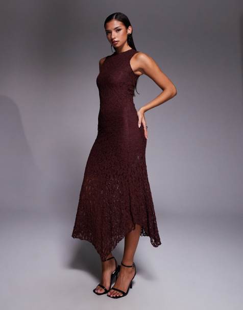 ASOS DESIGN – Gerade geschnittenes, ärmelloses Midikleid aus Spitze in Schokobraun - view 1