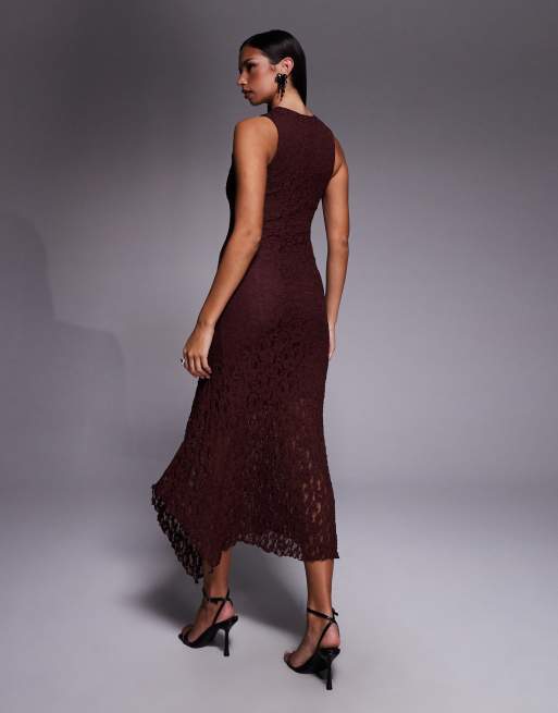 ASOS DESIGN – Gerade geschnittenes, ärmelloses Midikleid aus Spitze in Schokobraun, 4 von 4