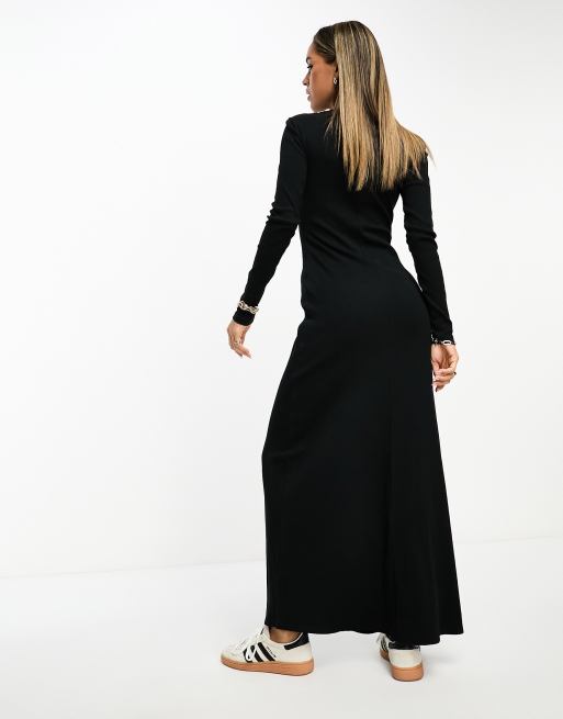 ASOS DESIGN – Gerade geschnittenes, geripptes Maxikleid in Schwarz mit Rundhalsausschnitt, 3 von 4