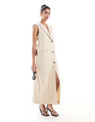 ASOS DESIGN - Gerade geschnittenes Midikleid in Steinbeige im Westenstil-Neutral