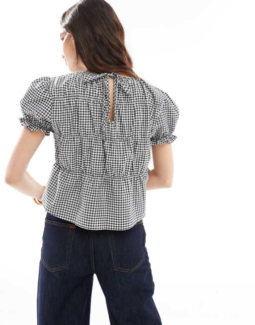ASOS DESIGN – Geraffte Bluse in Schwarz mit Vichy-Karos, 2 von 4