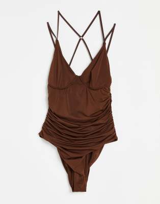ASOS DESIGN – Geraffter Badeanzug aus Netzstoff in Braun