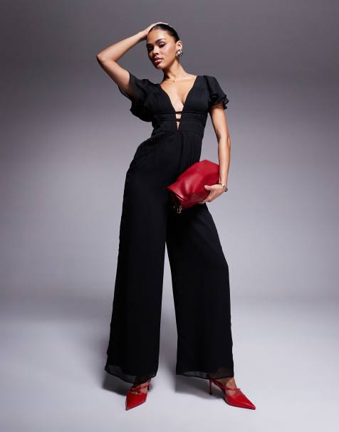 ASOS DESIGN – Geraffter Jumpsuit in Schwarz mit Flatterärmeln und weitem Bein - view 1