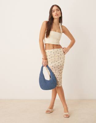ASOS DESIGN - Geraffter knielanger Netzstoff-Rock in Gelb mit Blümchenmuster-Bunt