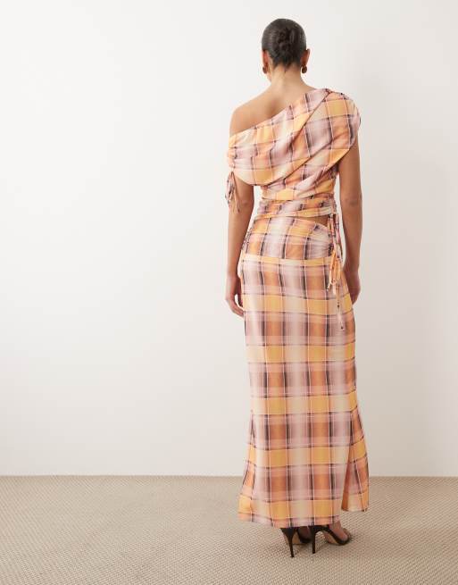 ASOS DESIGN – Geraffter Rock aus Netzstoff in Rosa Kariert mit Print, Kombiteil, 3 von 5