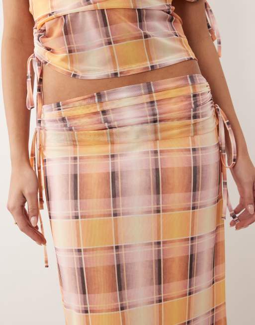 ASOS DESIGN – Geraffter Rock aus Netzstoff in Rosa Kariert mit Print, Kombiteil, 5 von 5