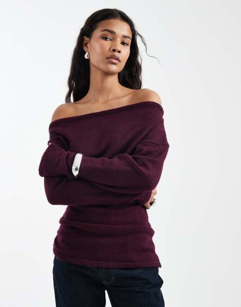 ASOS DESIGN – Geraffter Strickpullover in Pflaume mit One-Shoulder-Träger - view 1